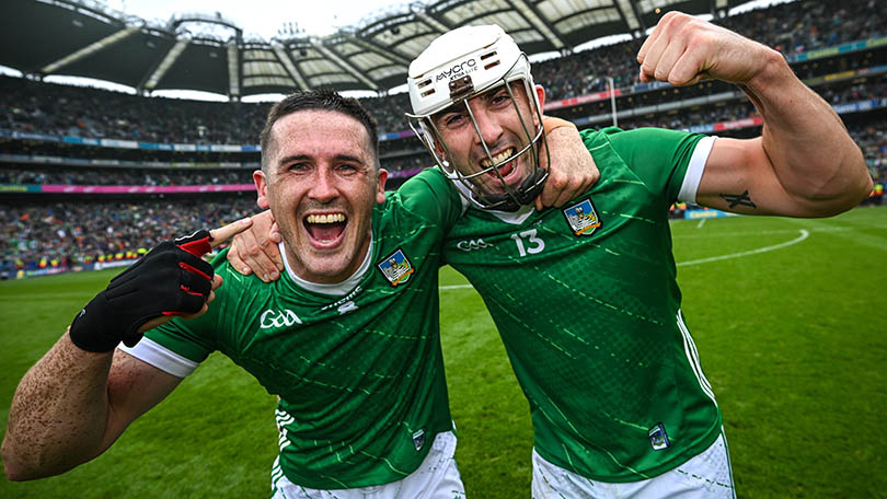 Darragh O'Donovan, left, and Aaron Gillane of Limerick celebrate after the GAA Hurling All-Ireland Senior Championship final match between Kilkenny and Limerick at Croke Park in Dublin. Photo by David Fitzgerald/Sportsfile