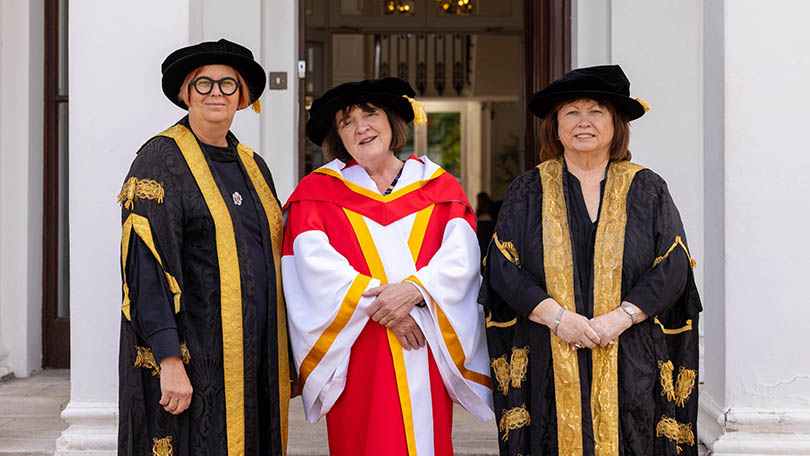 Professor Kerstin Mey, President of the University of Limerick, Rose Cleary and Mary Harney, Chancellor of the University of Limerick all wearing doctoral robes. Pic True Media 