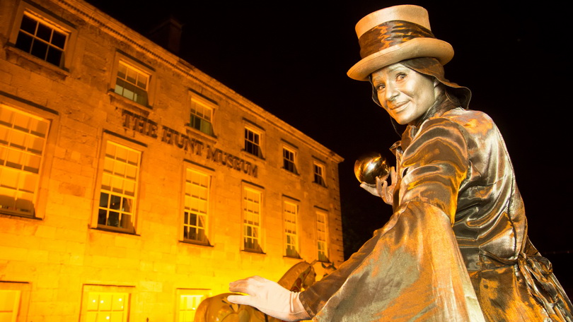 Living statue outside the Hunt Museum, Limerick at night. Photo: Alan Place