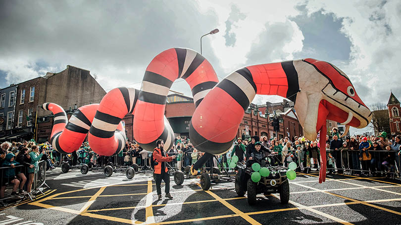 A snake float by Buí Bolg pictured at the Limerick St. Patrick's Day Parade. Photo. Brian Arthur