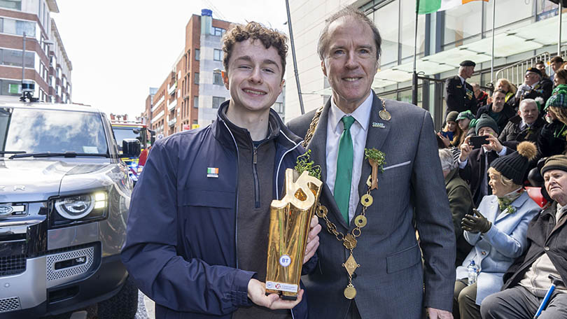 Parade Grand Marshal, BT Young Scientist and Technology Exhibition Winner 2024 Seán O’Sullivan pictured with Mayor of the City and County of Limerick, Cllr Gerald Mitchell. at Limerick St. Patrick's Day Parade. Photo: Don Moloney