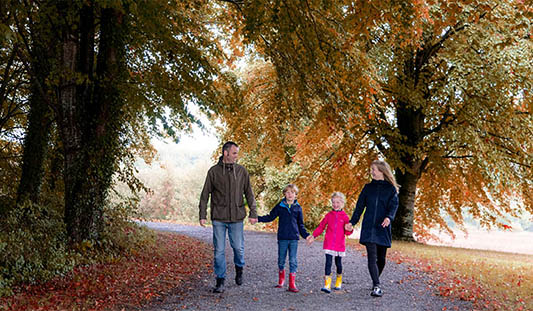 Family walking in Curraghchase Forest Park, Limerick, in Autumn